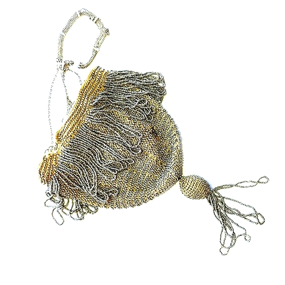 Vintage 30's beaded crochet chain drawstring wristlet bag with tassel - Picture 7 of 8